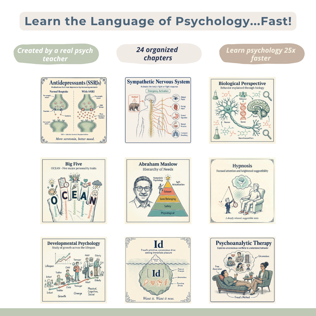Nine sample psychology flashcards in a grid showing illustrated terms like Antidepressants, Sympathetic Nervous System, Big Five, Maslow, Hypnosis, Id, and Psychoanalytic Therapy.