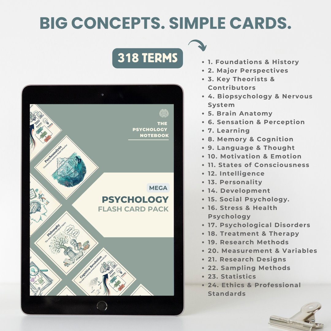 The Mega Psychology Flashcard Pack shown on an iPad with sample illustrated cards.